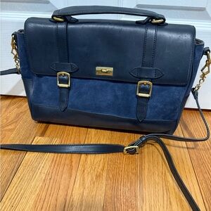 J. Crew Navy Blue leather and suede women purse/ briefcase.